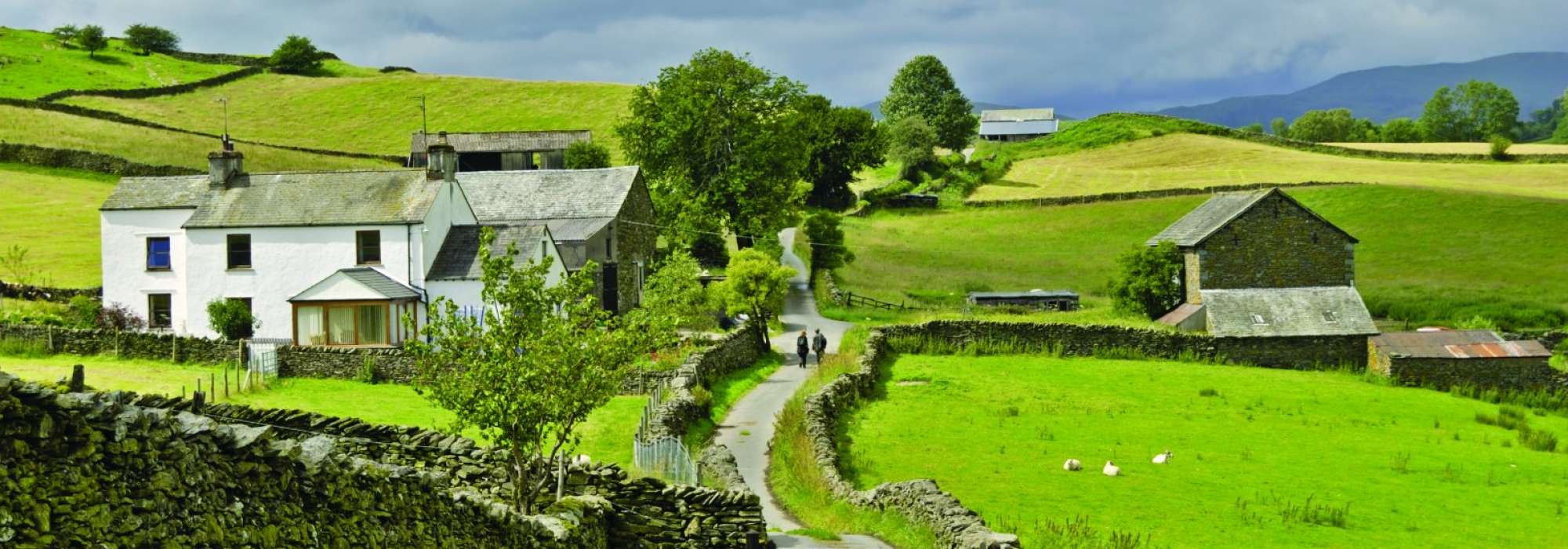 A farm with a lonning, wooden gate and fells in the background 