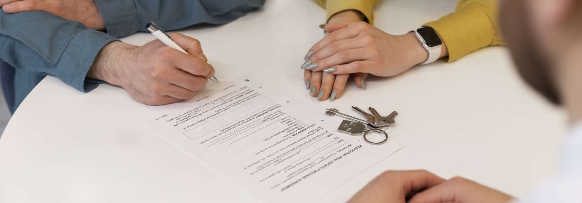 Person signing a document with house keys next to it. 